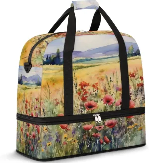 Foldable Travel Duffel Bag Tote Carry on Luggage Bag Poppy Flowers Field Sports Gym Bag with Shoes Compartment Small Overnight Weekender Bag for Women Men