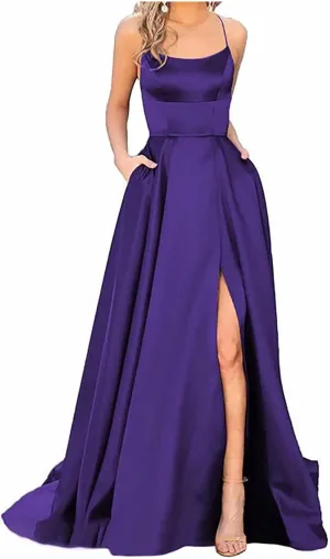 Formal Dresses for Women,2024 Elegant Spaghetti Straps Cross Lace Up Bridesmaid Dress,Trendy Slit Long Prom Dress