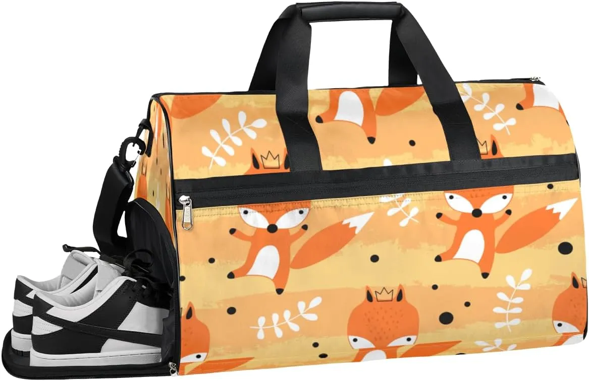 Fox Pattern Sports Gym Bag with Wet Pocket & Shoes Compartment Waterproof Workout Duffel Bag for Women and Men Weekender Overnight Duffle Bag Travel Carry-on Tote