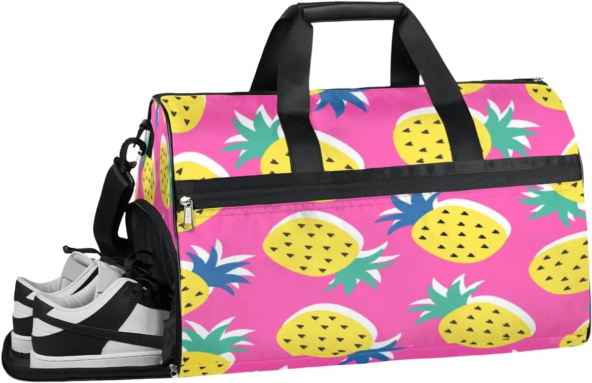 Fruit Pineapple Heart Sports Gym Bag with Wet Pocket & Shoes Compartment Waterproof Workout Duffel Bag for Women and Men Weekender Overnight Duffle Bag Travel Carry-on Tote