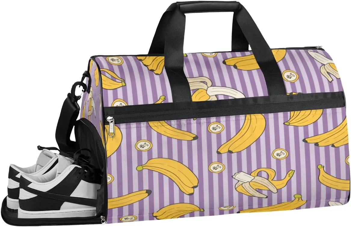 Fruity Banana Stripes Sports Gym Bag with Wet Pocket & Shoes Compartment Waterproof Workout Duffel Bag for Women and Men Weekender Overnight Duffle Bag Travel Carry-on Tote