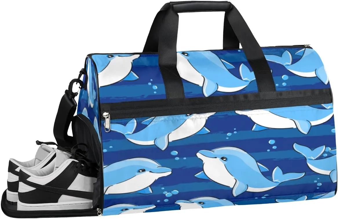 Funny Dolphin Paint Sports Gym Bag for Women Men Travel Duffel Bag with Wet Pocket & Shoes Compartment Waterproof Weekender Overnight Tote Carry on Bag Lightweight
