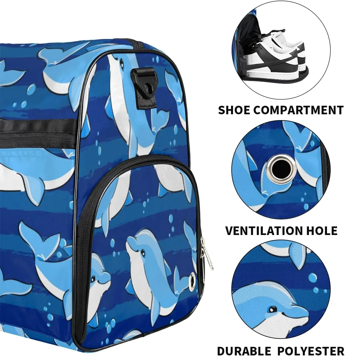 Funny Dolphin Paint Sports Gym Bag for Women Men Travel Duffel Bag with Wet Pocket & Shoes Compartment Waterproof Weekender Overnight Tote Carry on Bag Lightweight