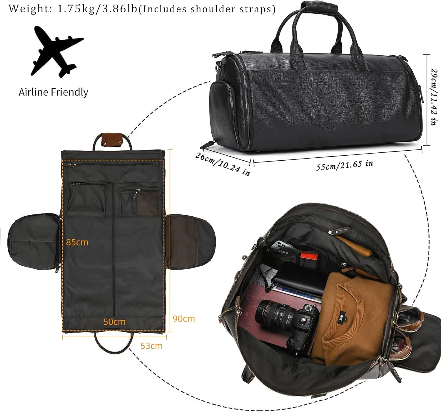 Genuine Leather Garment Travel Duffle Bag, 2-in-1 Convertible Carry-on Luggage for Men, Hanging Suits, Dresses & Clothes and Shoe Compartment, Weekender Tote Combo Duffel