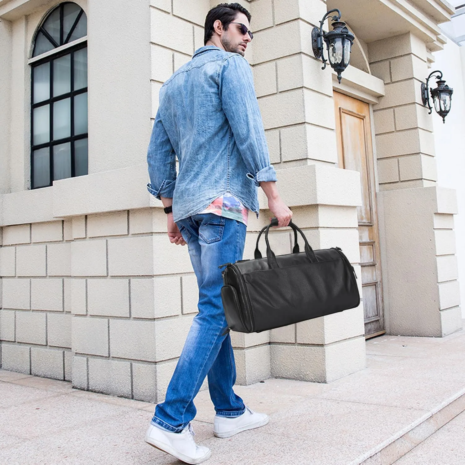 Genuine Leather Garment Travel Duffle Bag, 2-in-1 Convertible Carry-on Luggage for Men, Hanging Suits, Dresses & Clothes and Shoe Compartment, Weekender Tote Combo Duffel