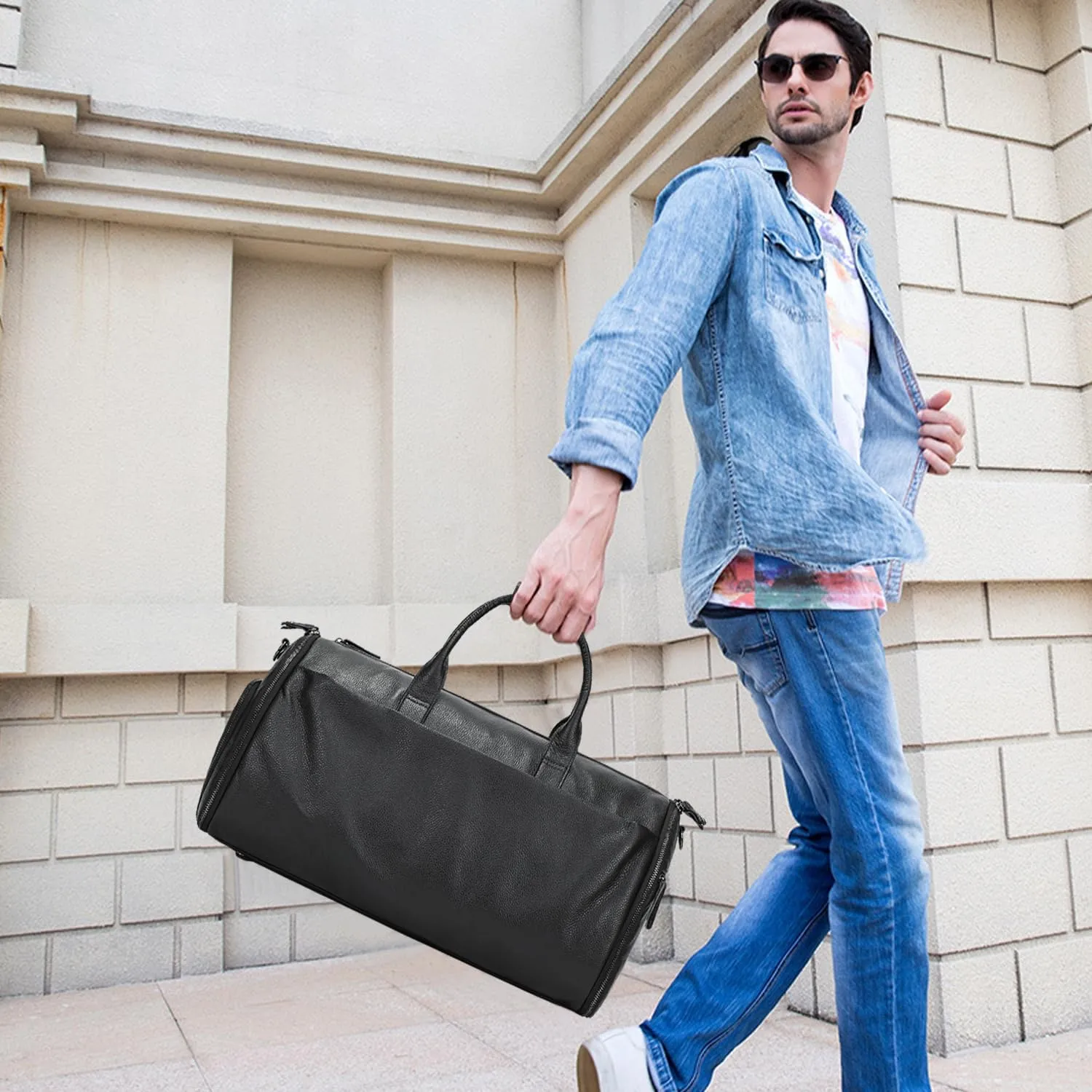 Genuine Leather Garment Travel Duffle Bag, 2-in-1 Convertible Carry-on Luggage for Men, Hanging Suits, Dresses & Clothes and Shoe Compartment, Weekender Tote Combo Duffel