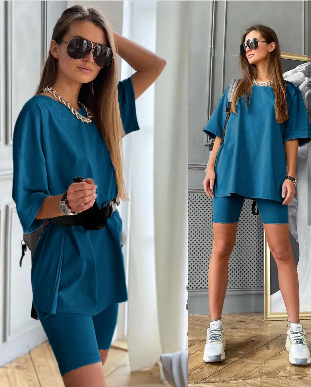Glamaker Women 2 Piece Outfit sets Casual Oversized T-Shirt Tops Biker Shorts Workout Sports Tracksuit