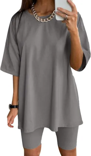 Glamaker Women 2 Piece Outfit sets Casual Oversized T-Shirt Tops Biker Shorts Workout Sports Tracksuit