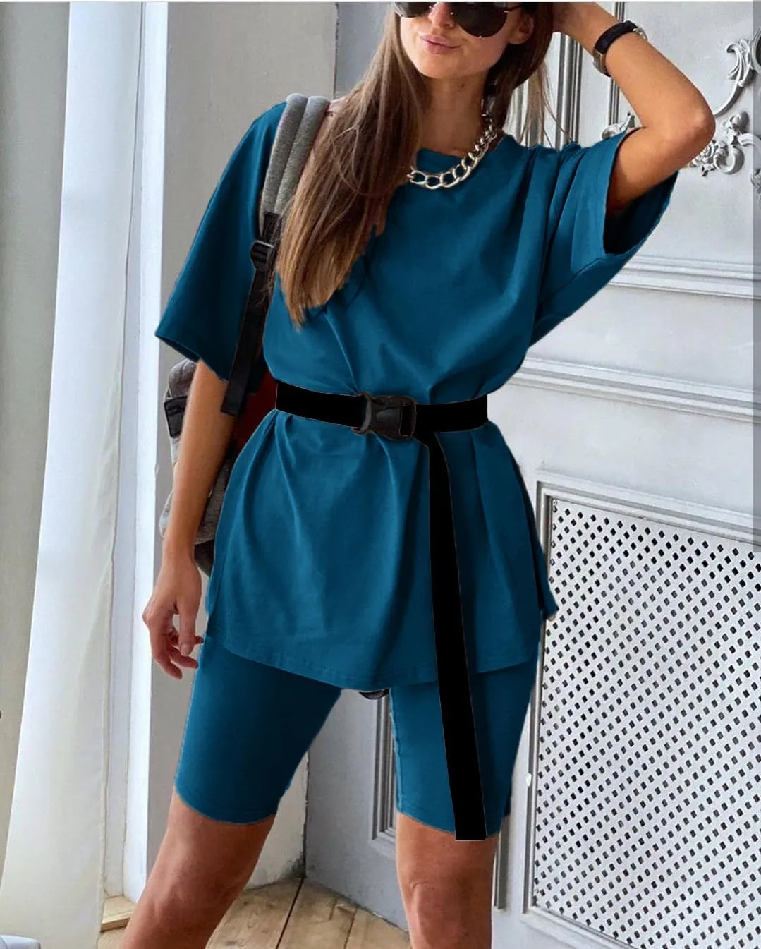 Glamaker Women 2 Piece Outfit sets Casual Oversized T-Shirt Tops Biker Shorts Workout Sports Tracksuit