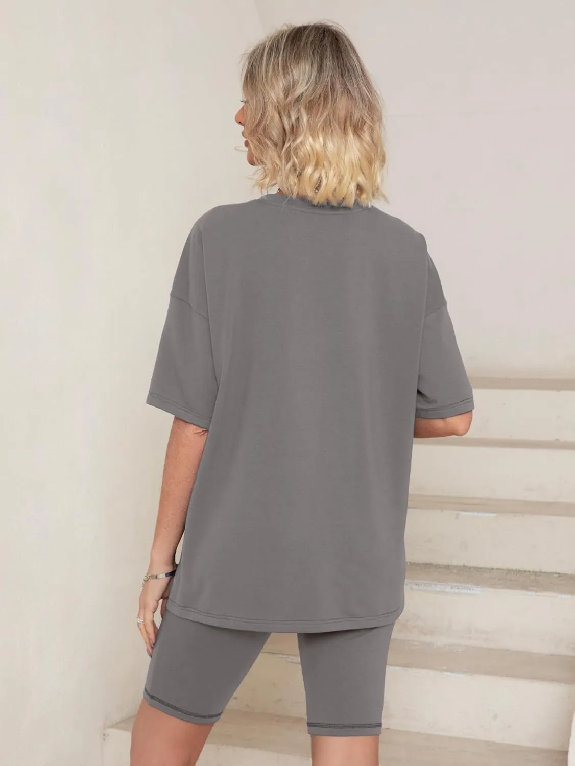 Glamaker Women 2 Piece Outfit sets Casual Oversized T-Shirt Tops Biker Shorts Workout Sports Tracksuit