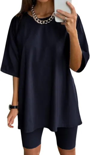 Glamaker Women 2 Piece Outfit sets Casual Oversized T-Shirt Tops Biker Shorts Workout Sports Tracksuit