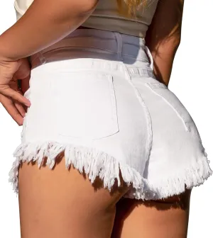 GOBLES Women's Summer Casual Mid Waist Ripped Raw Hem Stretchy Denim Shorts with Pockets