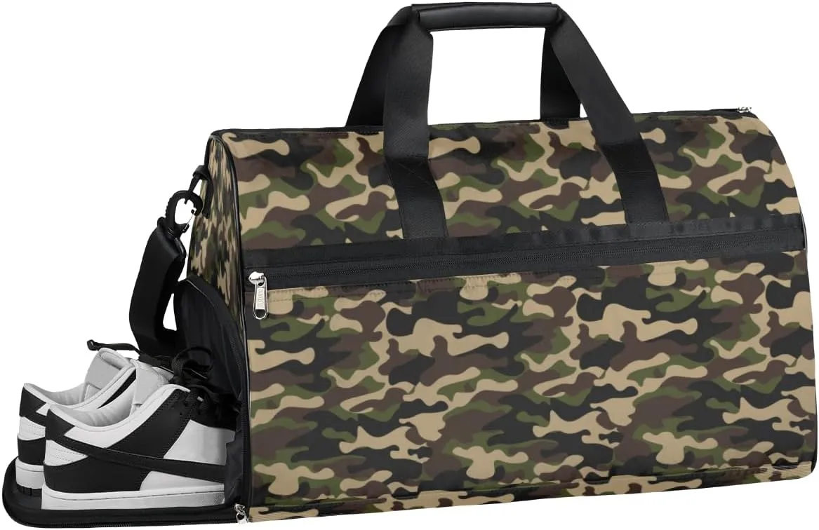 Green Brown Camouflage Sports Gym Bag with Wet Pocket & Shoes Compartment Waterproof Workout Duffel Bag for Women and Men Weekender Overnight Duffle Bag Travel Carry-on Tote