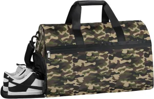 Green Brown Camouflage Sports Gym Bag with Wet Pocket & Shoes Compartment Waterproof Workout Duffel Bag for Women and Men Weekender Overnight Duffle Bag Travel Carry-on Tote