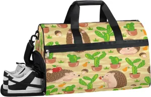 Green Hedgehog Cactus Sports Gym Bag with Wet Pocket & Shoes Compartment Waterproof Workout Duffel Bag for Women and Men Weekender Overnight Duffle Bag Travel Carry-on Tote