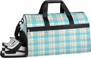 Grid Pattern Sports Gym Bag with Wet Pocket & Shoes Compartment Waterproof Workout Duffel Bag for Women and Men Weekender Overnight Duffle Bag Travel Carry-on Tote