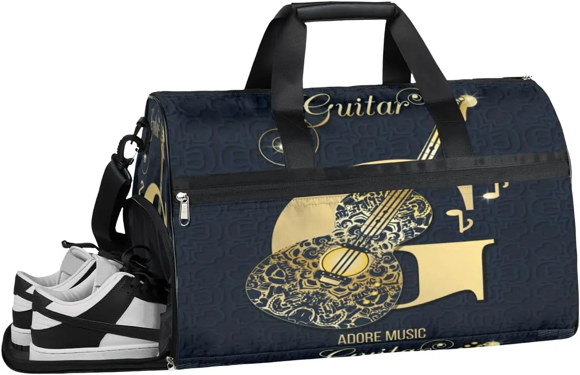 Guitar Retro Pattern Sports Gym Bag for Women and Men Travel Duffel Bag Overnight Shoulder Bag Waterproof Workout Bag Portable Sports Tote with Shoes Compartment