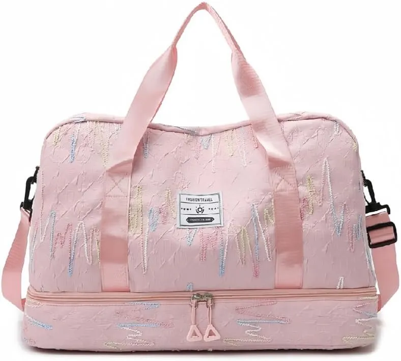 Gym Bag for Women with Double Layer Travel Makeup Bag, Gym Duffel Bag, Weekender Overnight Bag with Wet Pocket and Shoes Compartment for Women (Pink)