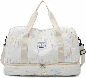 Gym Bag for Women with Double Layer Travel Makeup Bag, Gym Duffel Bag, Weekender Overnight Bag with Wet Pocket and Shoes Compartment for Women (White)