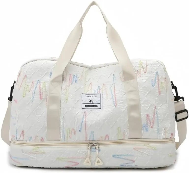 Gym Bag for Women with Double Layer Travel Makeup Bag, Gym Duffel Bag, Weekender Overnight Bag with Wet Pocket and Shoes Compartment for Women (White)