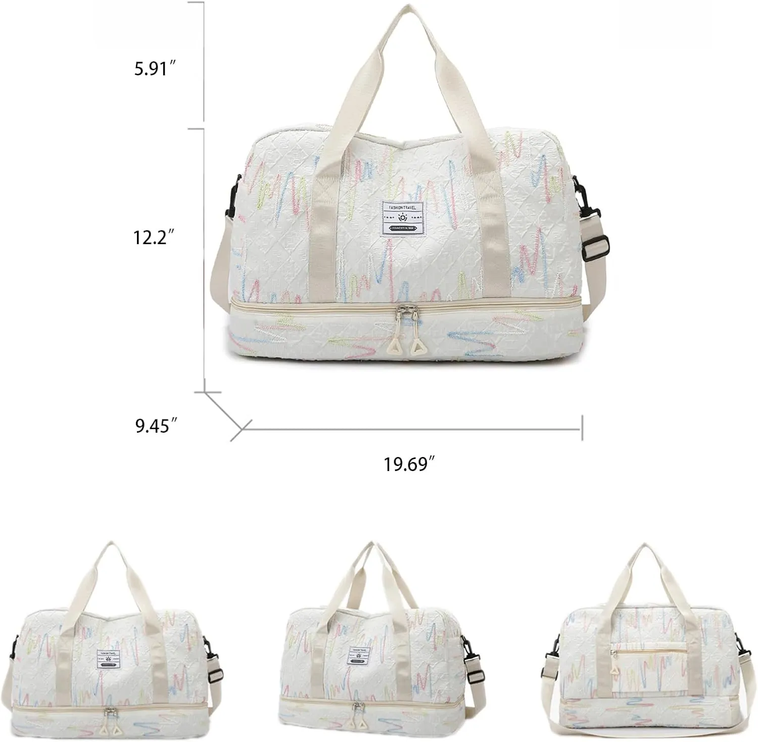 Gym Bag for Women with Double Layer Travel Makeup Bag, Gym Duffel Bag, Weekender Overnight Bag with Wet Pocket and Shoes Compartment for Women (White)