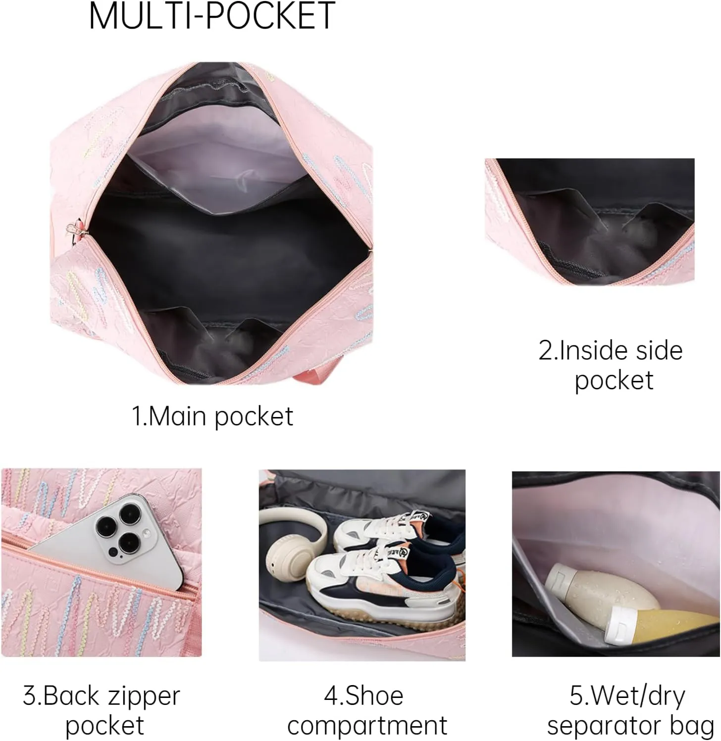 Gym Bag for Women with Double Layer Travel Makeup Bag, Gym Duffel Bag, Weekender Overnight Bag with Wet Pocket and Shoes Compartment for Women (White)