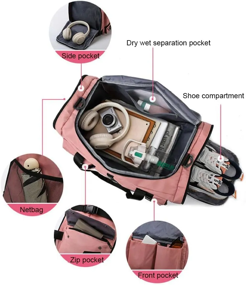 Gym Bag for Women,Sports Travel Duffel Bag, Weekender Overnight Bag with Wet Pocket and Shoes Compartment for Women, Travel,Workout,Gym, Yoga 625 (Pink)
