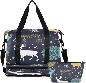 Gym Bag Sports Travel Duffel Bag Weekender Overnight Bag with Wet Pocket Shoes Compartment and Toiletry Bag Deer Snowflake Christmas for Travel, Business,Gym, Yoga