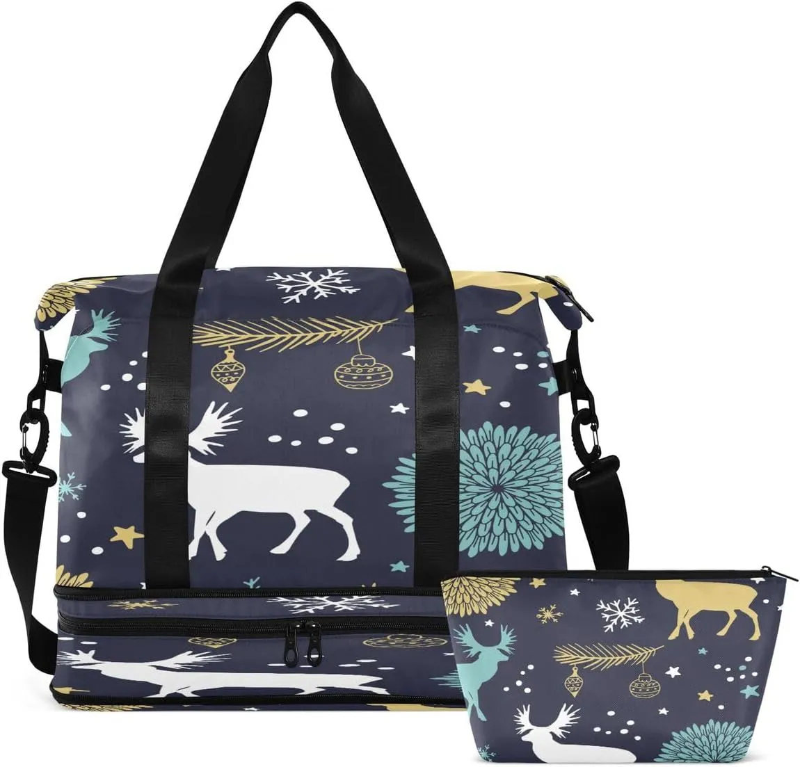Gym Bag Sports Travel Duffel Bag Weekender Overnight Bag with Wet Pocket Shoes Compartment and Toiletry Bag Deer Snowflake Christmas for Travel, Business,Gym, Yoga