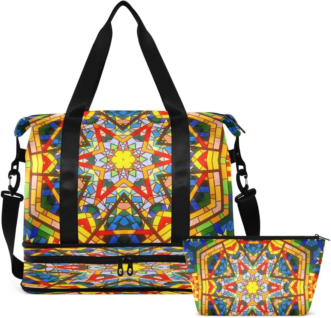 Gym Bag Sports Travel Duffel Bag Weekender Overnight Bag with Wet Pocket Shoes Compartment and Toiletry Bag Gold Blue Bohemia for Travel, Business,Gym, Yoga