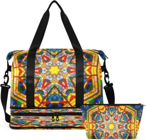 Gym Bag Sports Travel Duffel Bag Weekender Overnight Bag with Wet Pocket Shoes Compartment and Toiletry Bag Gold Blue Bohemia for Travel, Business,Gym, Yoga