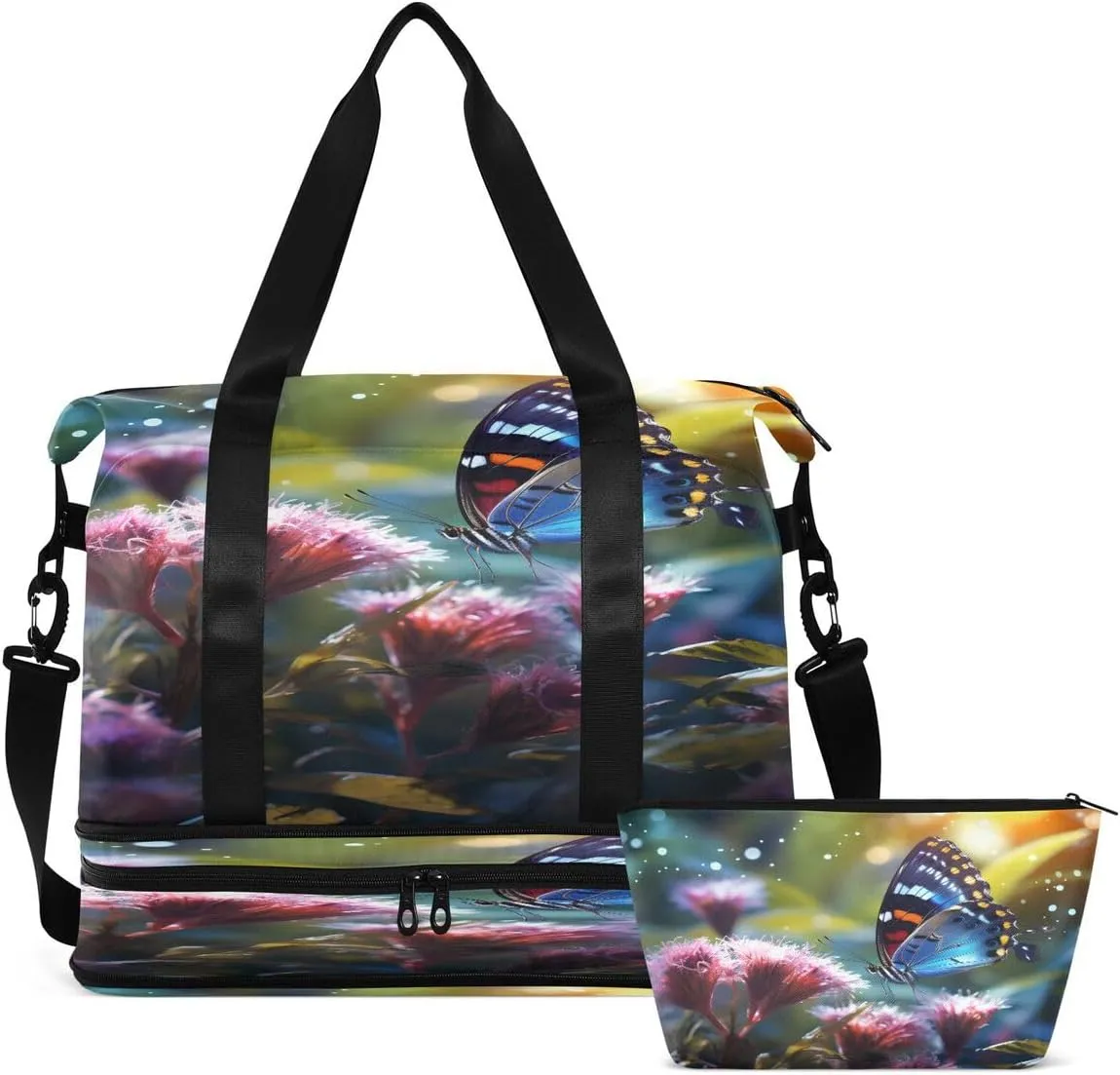 Gym Bag Sports Travel Duffel Bag Weekender Overnight Bag with Wet Pocket Shoes Compartment and Toiletry Bag Pink Flower Butterfly for Travel, Business,Gym, Yoga