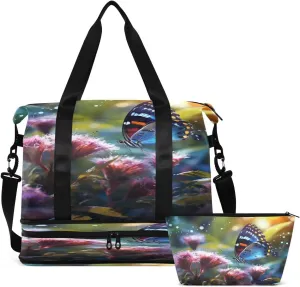Gym Bag Sports Travel Duffel Bag Weekender Overnight Bag with Wet Pocket Shoes Compartment and Toiletry Bag Pink Flower Butterfly for Travel, Business,Gym, Yoga