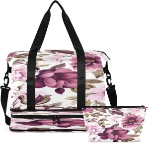 Gym Bag Sports Travel Duffel Bag Weekender Overnight Bag with Wet Pocket Shoes Compartment and Toiletry Bag Pink Purple Floral for Travel, Business,Gym, Yoga