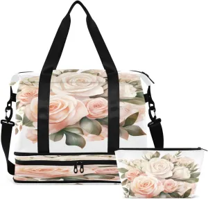 Gym Bag Sports Travel Duffel Bag Weekender Overnight Bag with Wet Pocket Shoes Compartment and Toiletry Bag Pink White Rose for Travel, Business,Gym, Yoga