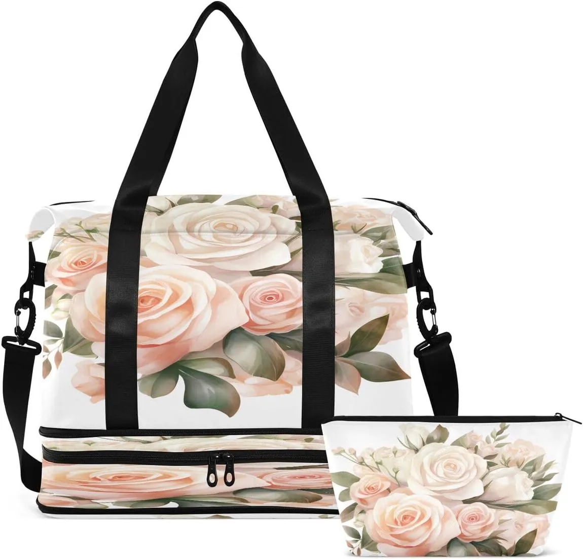 Gym Bag Sports Travel Duffel Bag Weekender Overnight Bag with Wet Pocket Shoes Compartment and Toiletry Bag Pink White Rose for Travel, Business,Gym, Yoga