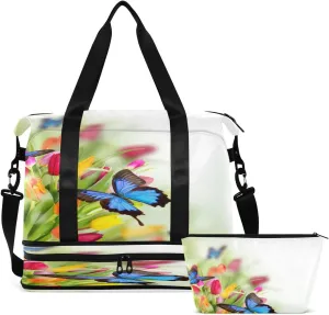 Gym Bag Sports Travel Duffel Bag Weekender Overnight Bag with Wet Pocket Shoes Compartment and Toiletry Bag Tulip and Butterfly for Travel, Business,Gym, Yoga
