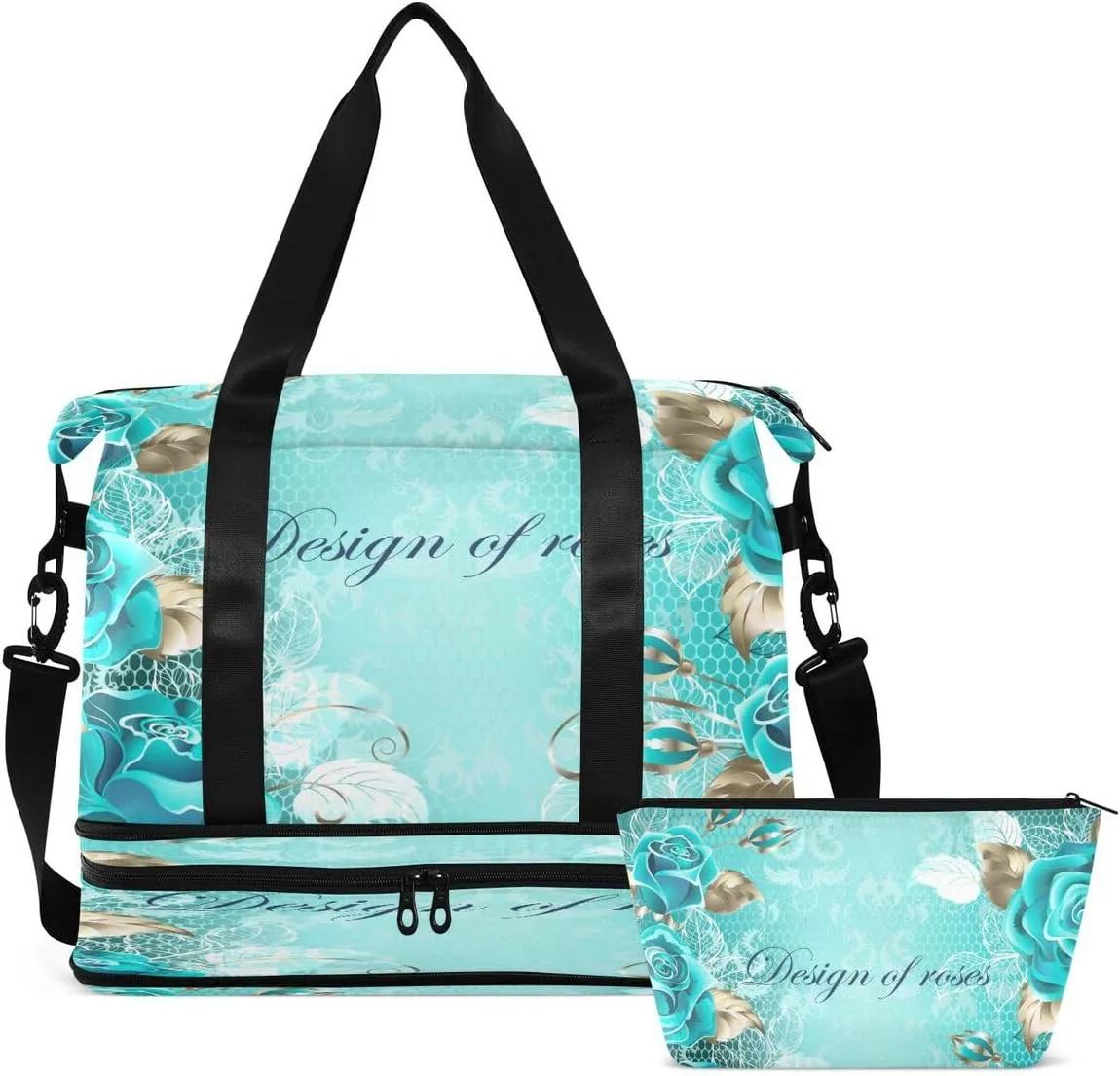 Gym Bag Sports Travel Duffel Bag Weekender Overnight Bag with Wet Pocket Shoes Compartment and Toiletry Bag Turquoise Rose Flowers for Travel, Business,Gym, Yoga