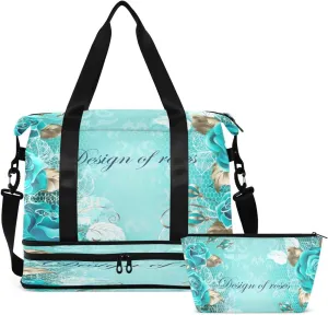 Gym Bag Sports Travel Duffel Bag Weekender Overnight Bag with Wet Pocket Shoes Compartment and Toiletry Bag Turquoise Rose Flowers for Travel, Business,Gym, Yoga