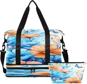 Gym Bag Sports Travel Duffel Bag Weekender Overnight Bag with Wet Pocket Shoes Compartment and Toiletry Bag Yellow Blue Flower for Travel, Business,Gym, Yoga