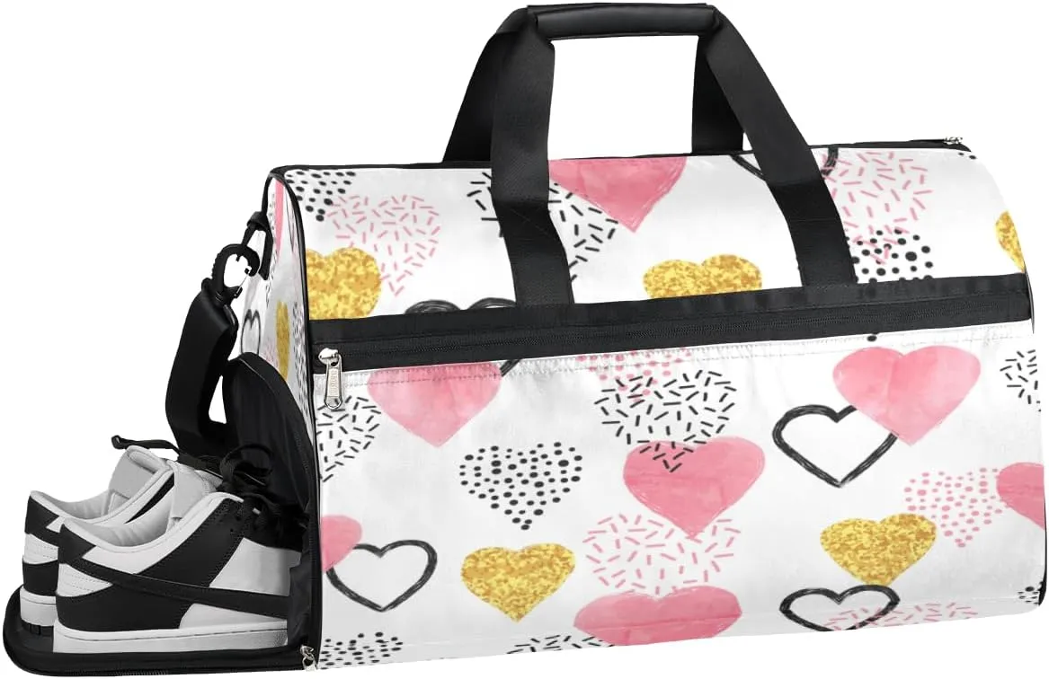 Heart Design Sports Gym Bag with Wet Pocket & Shoes Compartment Waterproof Workout Duffel Bag for Women and Men Weekender Overnight Duffle Bag Travel Carry-on Tote
