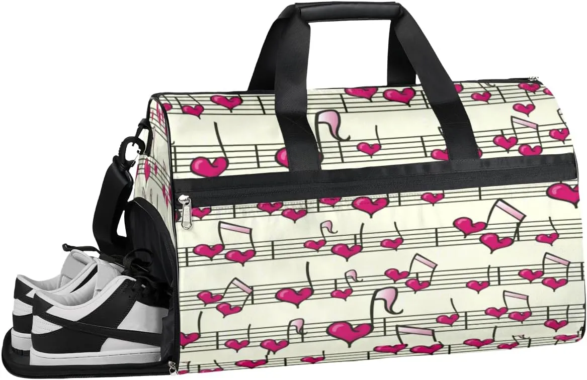 Heart Music Notes Sports Gym Bag with Wet Pocket & Shoes Compartment Waterproof Workout Duffel Bag for Women and Men Weekender Overnight Duffle Bag Travel Carry-on Tote