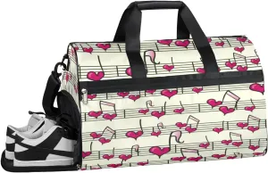 Heart Music Notes Sports Gym Bag with Wet Pocket & Shoes Compartment Waterproof Workout Duffel Bag for Women and Men Weekender Overnight Duffle Bag Travel Carry-on Tote
