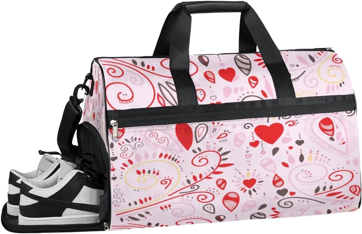 Heart Pattern Sports Gym Bag with Wet Pocket & Shoes Compartment Waterproof Workout Duffel Bag for Women and Men Weekender Overnight Duffle Bag Travel Carry-on Tote