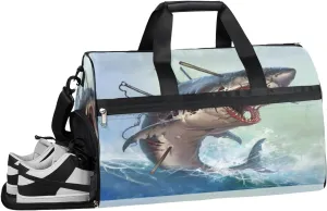 Horror Shark Pattern Sports Gym Bag for Women and Men Travel Duffel Bag Overnight Shoulder Bag Waterproof Workout Bag Portable Sports Tote with Shoes Compartment
