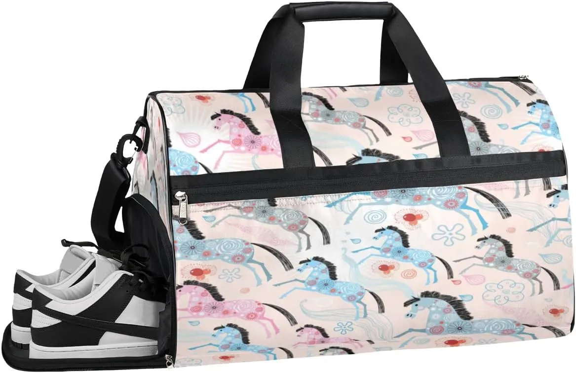 Horse Sports Gym Bag with Wet Pocket & Shoes Compartment Waterproof Workout Duffel Bag for Women and Men Weekender Overnight Duffle Bag Travel Carry-on Tote