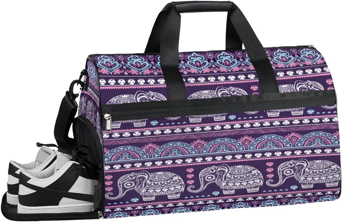 Indian Animal Elephant Print Resistant Sports Gym Bag for Women Men Travel Duffel bag with Wet Pocket & Shoes Compartment Waterproof Weekender Bag 19.7"x9.9"x13"