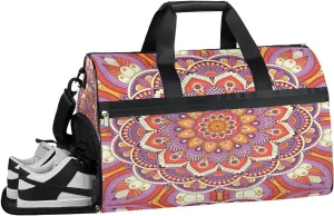 Indian Tribal Flower Mandala Resistant Sports Gym Bag for Women Men Travel Duffel bag with Wet Pocket & Shoes Compartment Waterproof Weekender Bag 19.7"x9.9"x13"