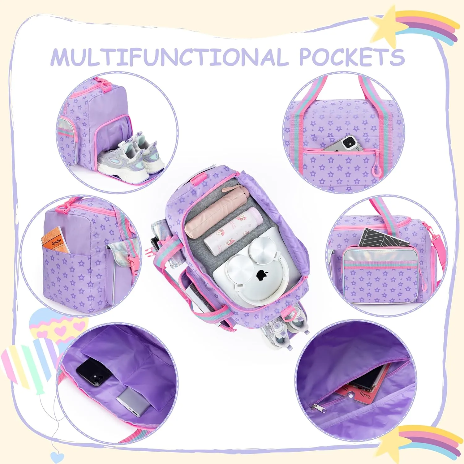 Kids Duffle Bag Girls Women Gifts Travel Overnight Bag for Girls Women Tote Sleepover Bags for Girl Gym Dance Bags with Shoes Compartment Purple