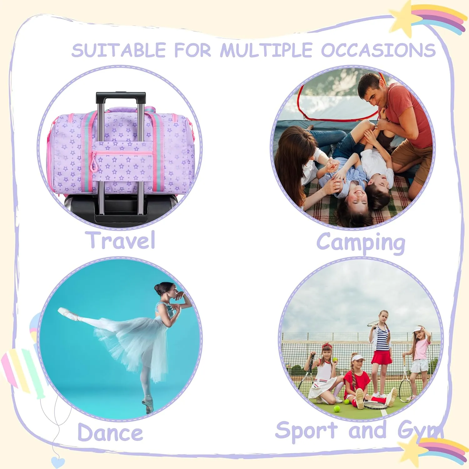 Kids Duffle Bag Girls Women Gifts Travel Overnight Bag for Girls Women Tote Sleepover Bags for Girl Gym Dance Bags with Shoes Compartment Purple